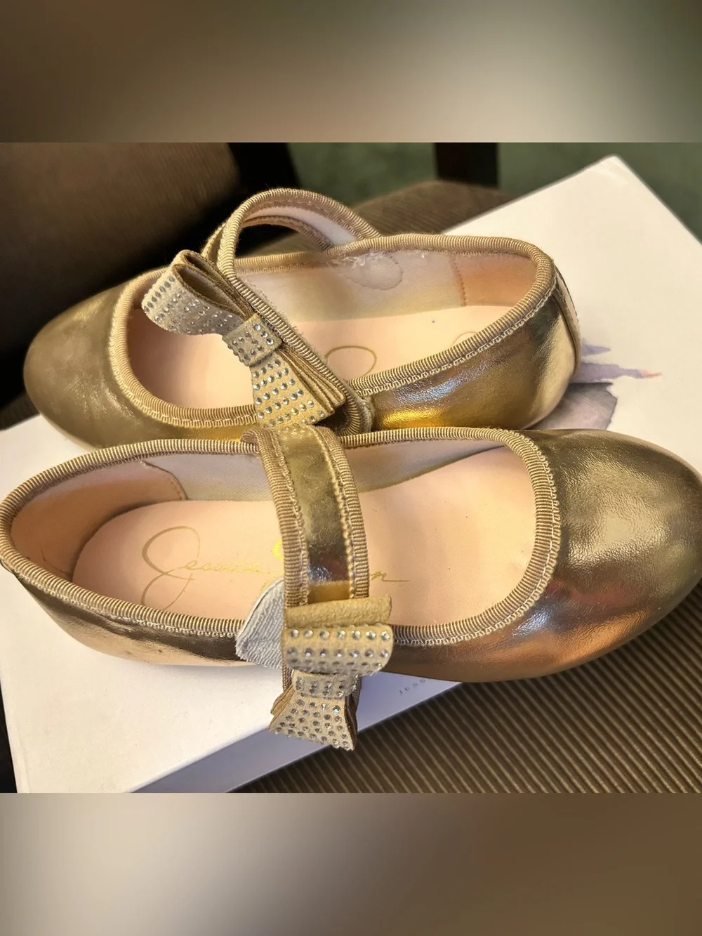 Size 11 Jessica Simpson Metallic Gold Bow Strap Girls' Dress Flats